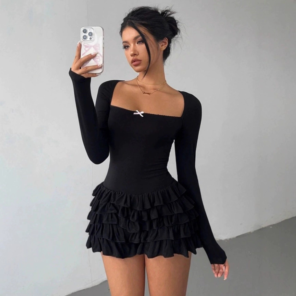 Zara Square Neck Bow Tiered Dress Long Sleeve Fitted Ruffled